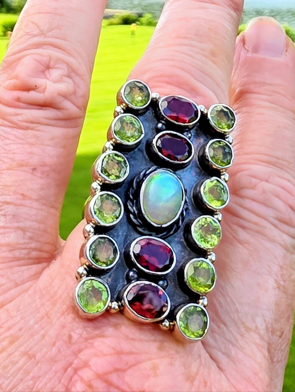 Peridot, Garnet, & Opal Multi-Gemstone Ring In 925 Sterling Silver (Adjustable)